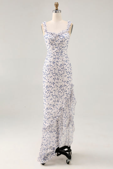Floral Ruffled Printed Sheath Blue Asymmetrical Wedding Guest Dress